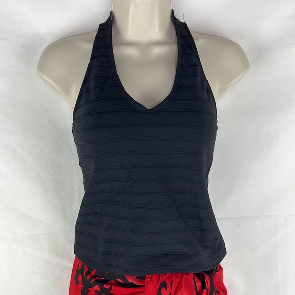 Black Tankini Halter Top & Red Black Tribal Print Sating Wrap Set - Picture 3 of 8